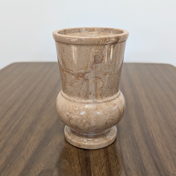 Small Warm Tan & Brown Marble Solid Stone Footed Vase Lots Of Beautiful Vaining - Picture 3 of 7